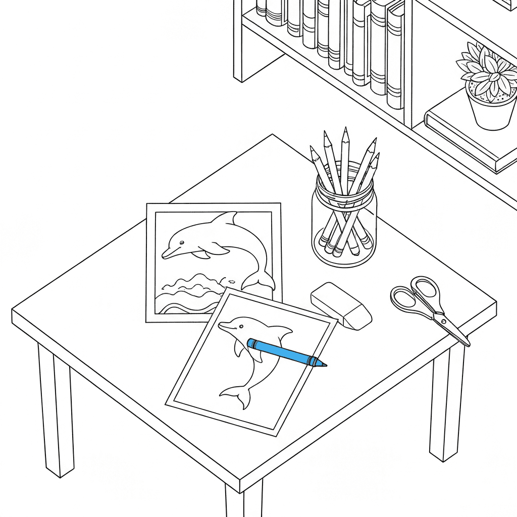 Isometric top-down line drawing of a table with dolphin coloring pages, crayons, scissors, and a cup of pencils.