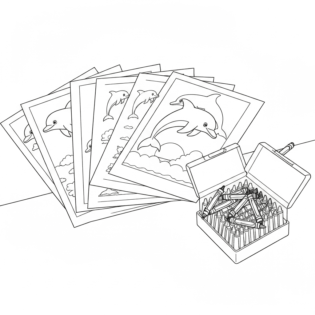 Angled perspective sketch of multiple dolphin coloring sheets fanned out on a table next to a box of crayons.