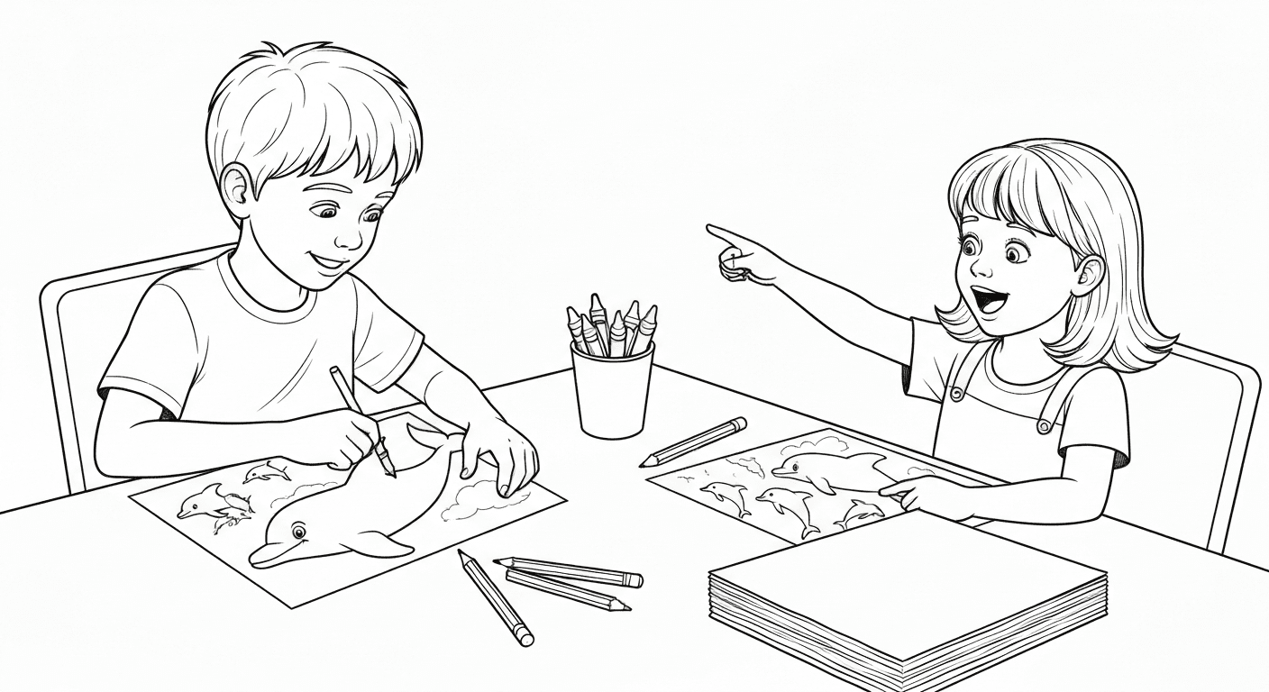 Black and white line drawing of a boy and girl coloring dolphin pictures at a table with crayons and paper stacks.