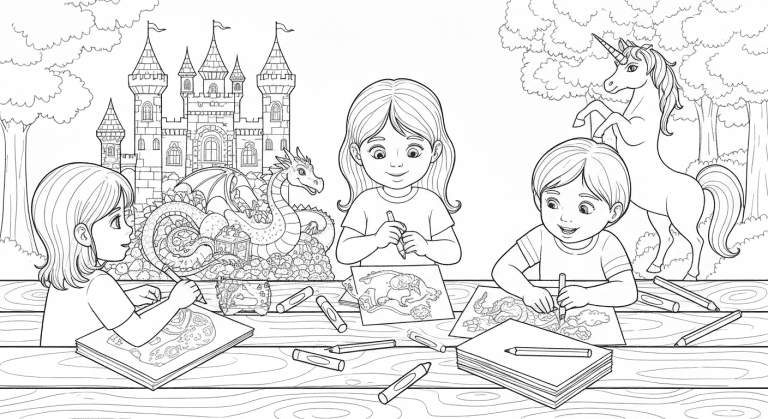 Black-and-white sketch of children coloring fantasy castles and creatures at a table, with crayons and dragons.