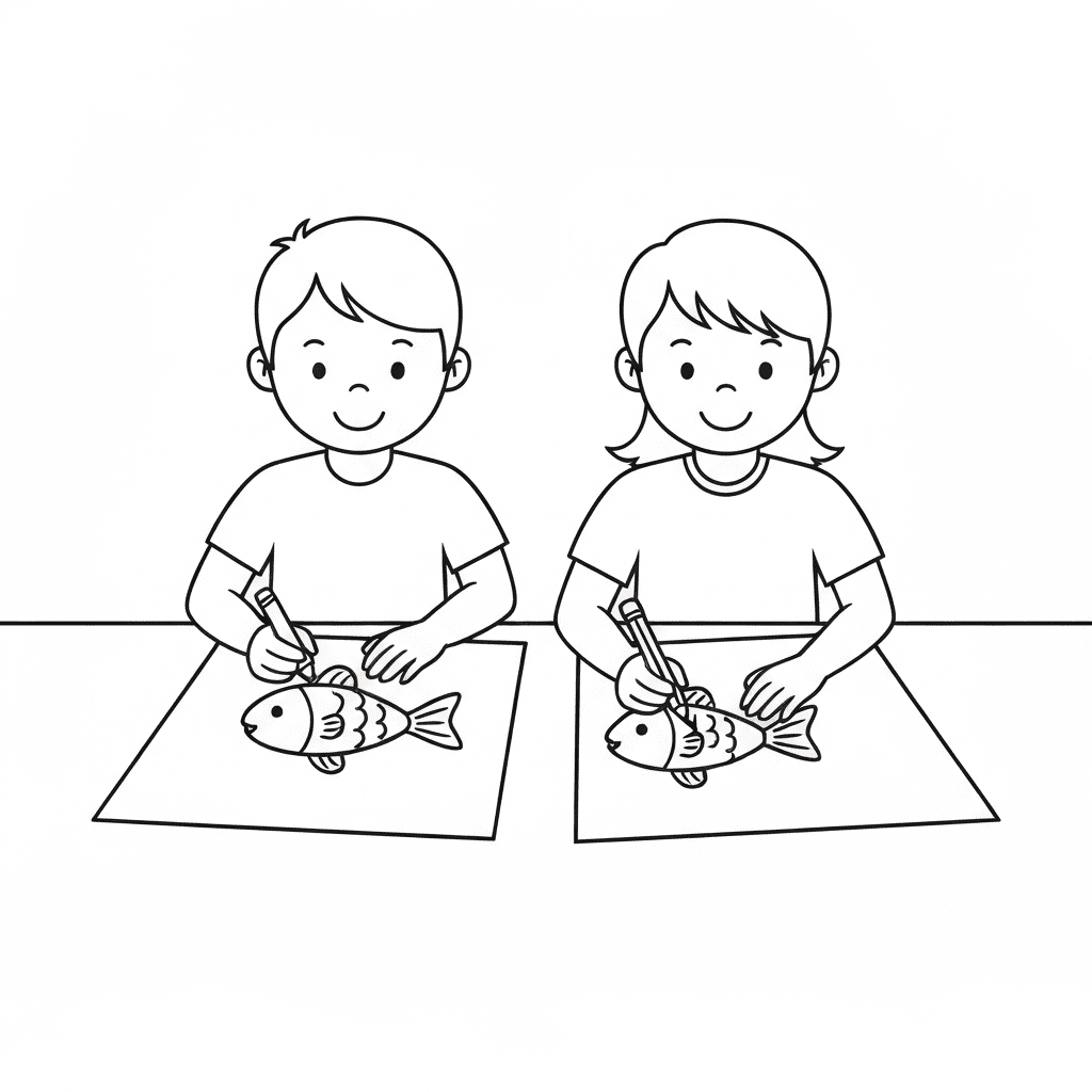 Black and white sketch of two kids coloring at a table with a fish drawing.