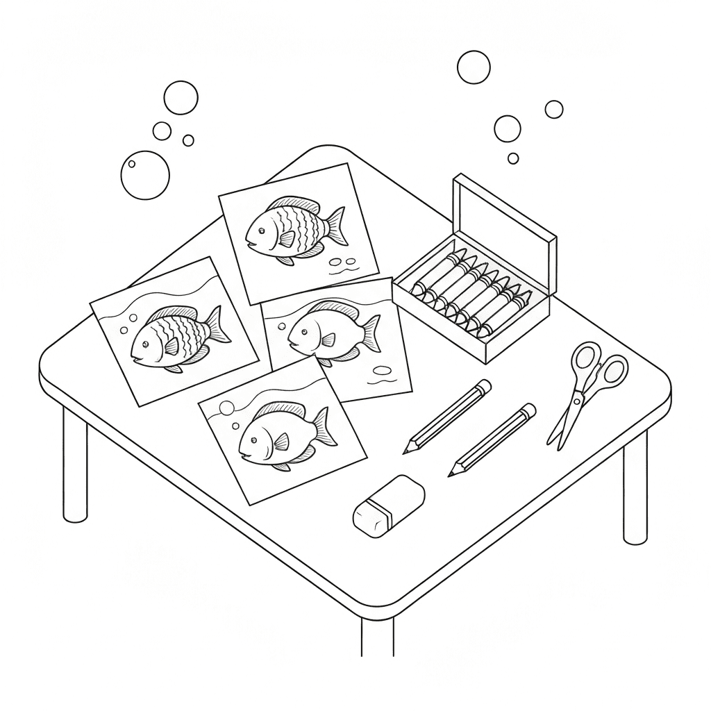 Black and white isometric sketch of a table with coloring supplies and fish-themed pages.
