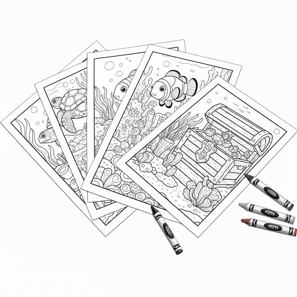Top-down sketch of a printable coloring page pack with fish drawings and crayons.