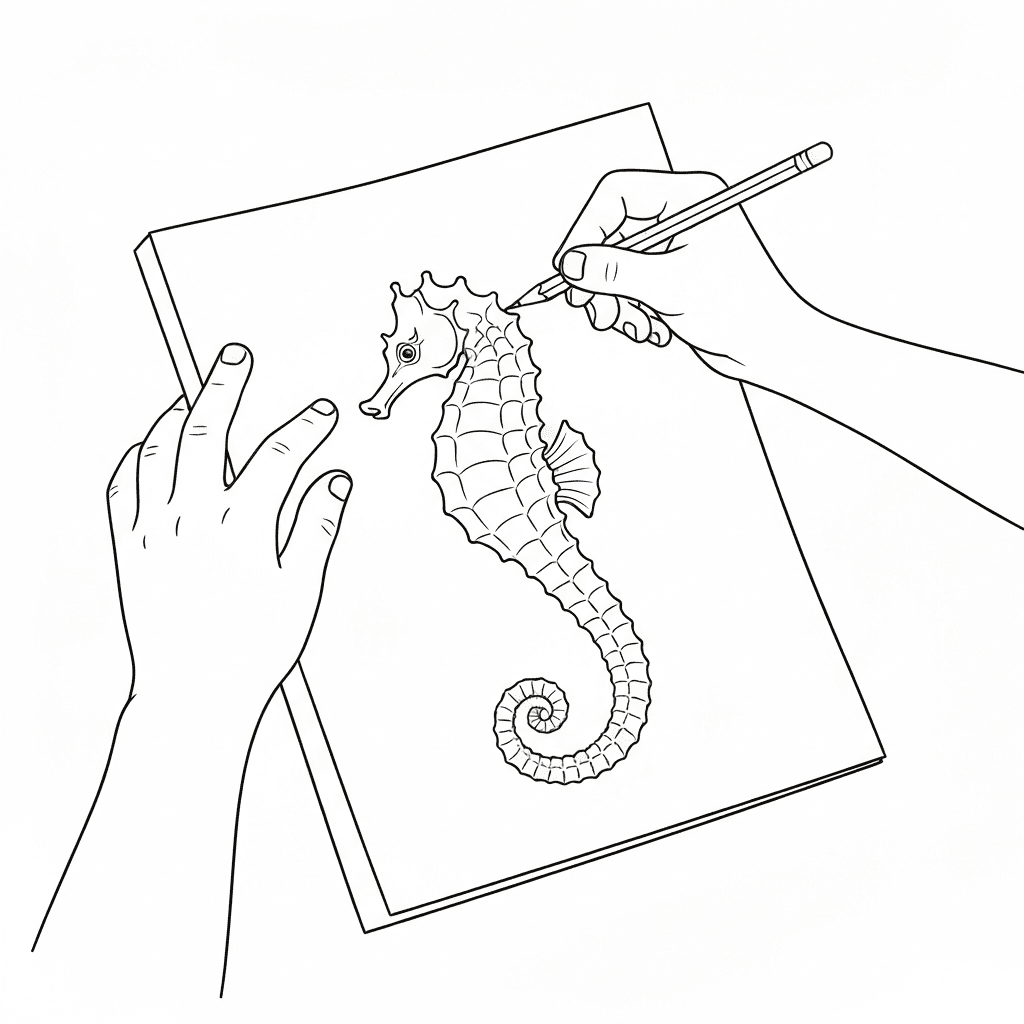 Line art sketch of a child's hands coloring a fish with a pencil.