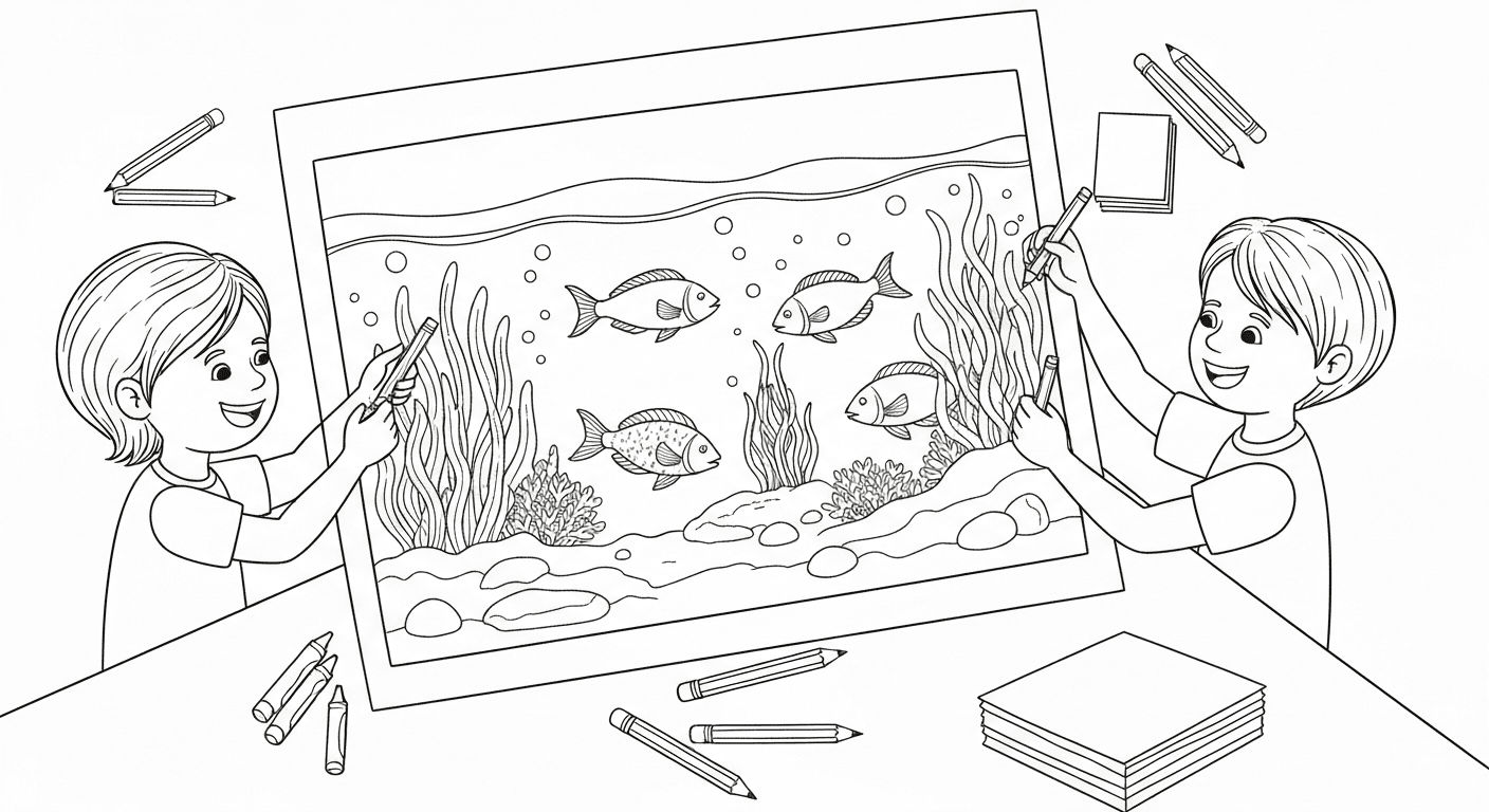 Black and white line drawing of kids coloring a fish aquarium with crayons and pencils.