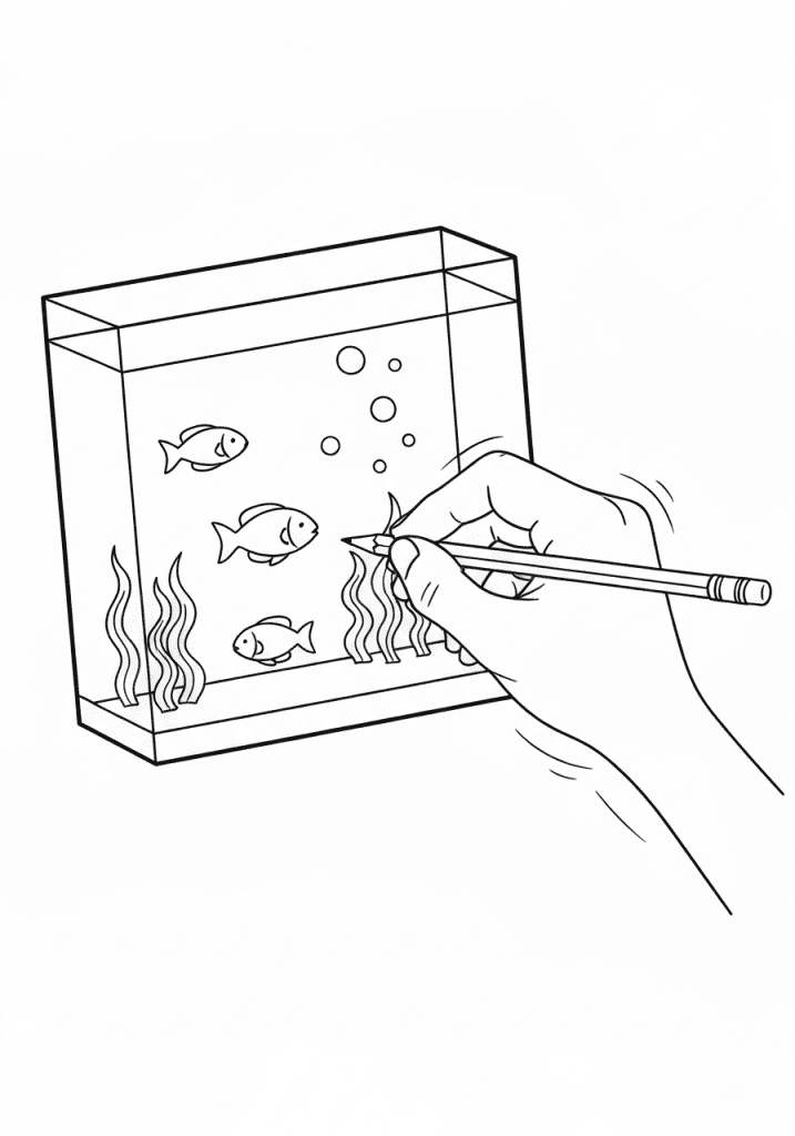 Black and white sketch of a child drawing a fish aquarium with a pencil.