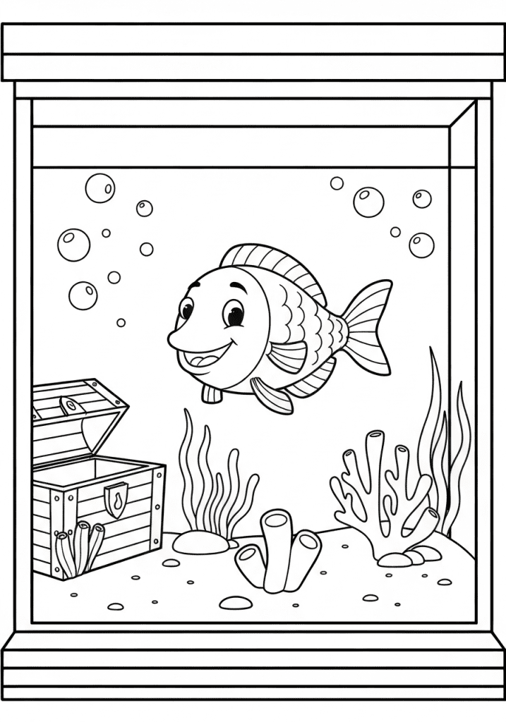 Black and white line art coloring page of an underwater aquarium scene.