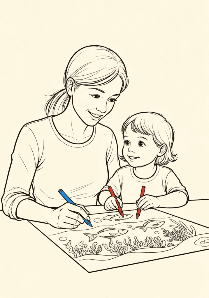 Line drawing of a mother and child coloring a fish picture together at a table.