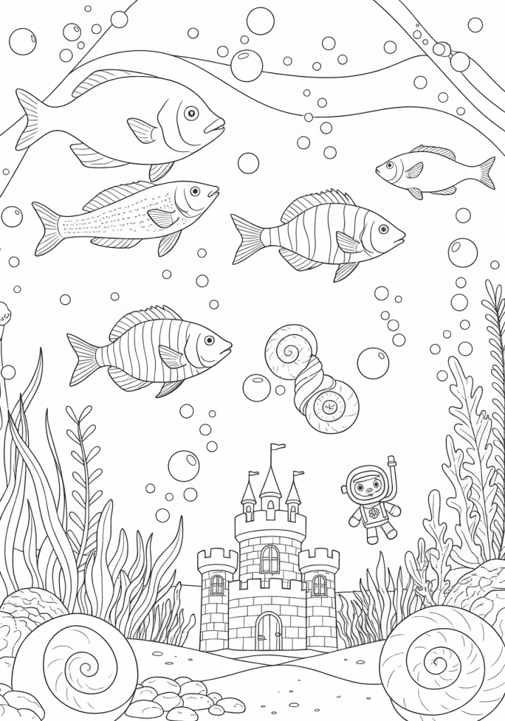 Detailed line art drawing of an aquarium interior with various fish and objects.
