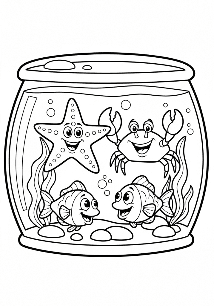 Cartoon sketch of a fish tank with happy, cute sea animals inside.