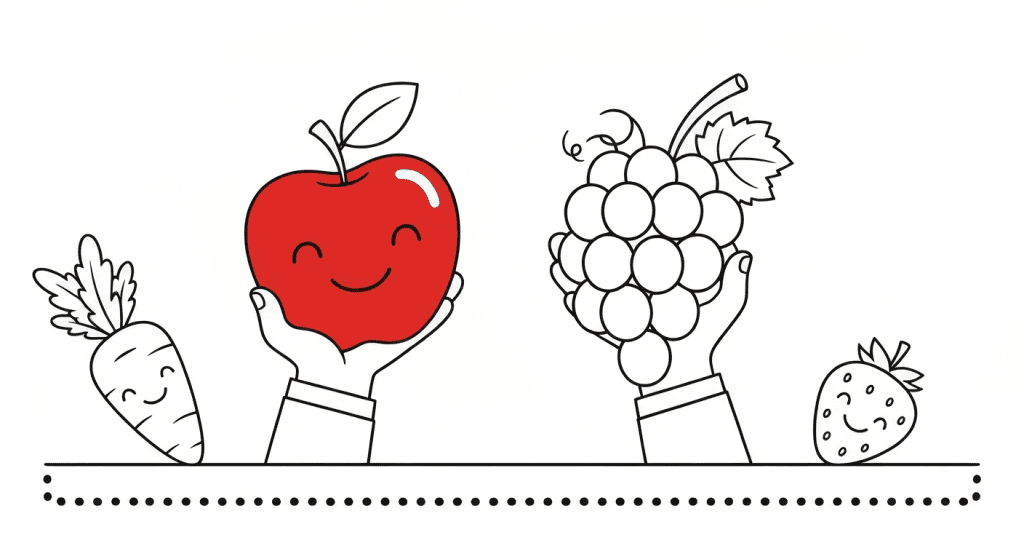 Two cheerful kids' hands holding an apple and grapes, with a carrot and strawberry, line art coloring page.