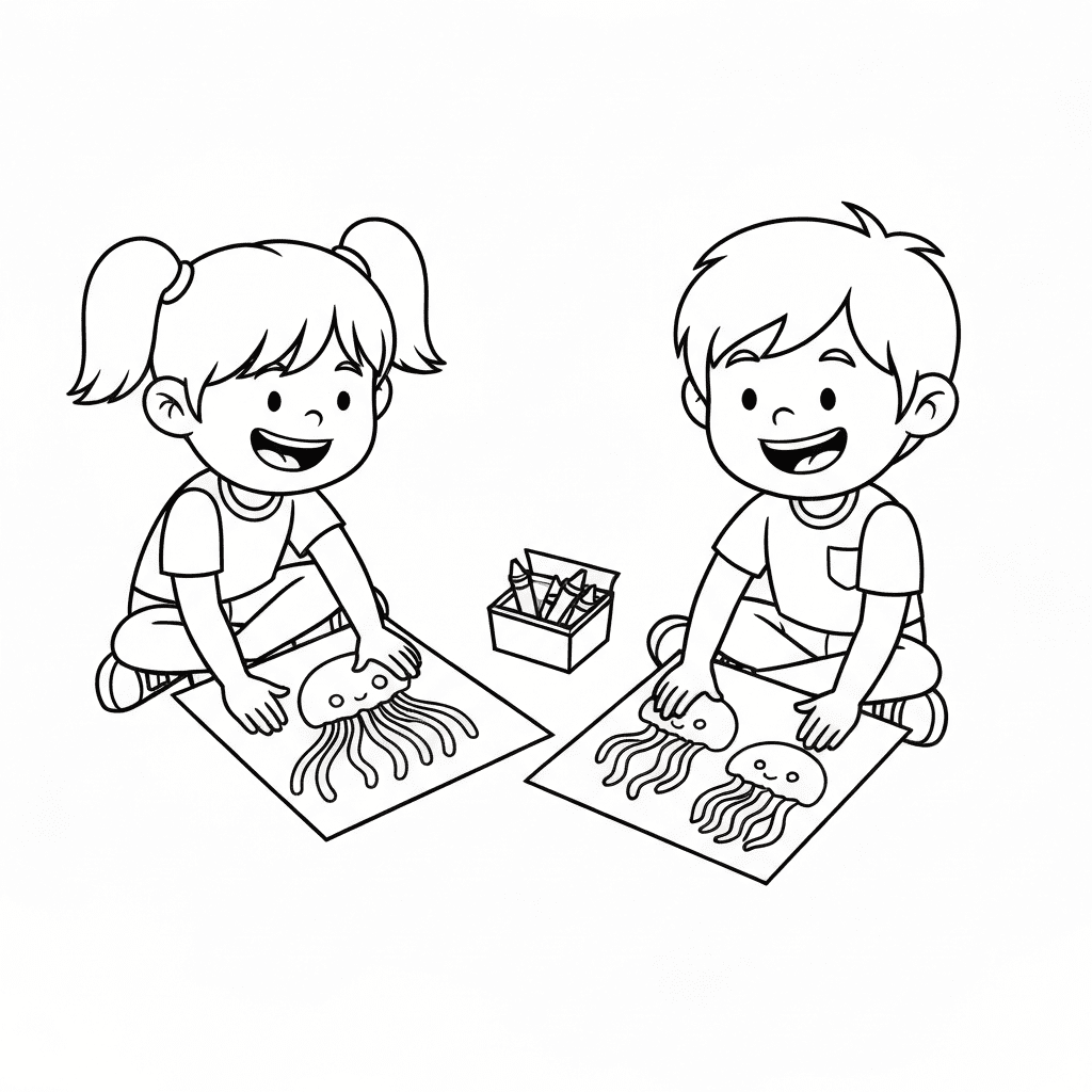 Two kids sitting on the floor, coloring jellyfish pages together with crayons, smiling.