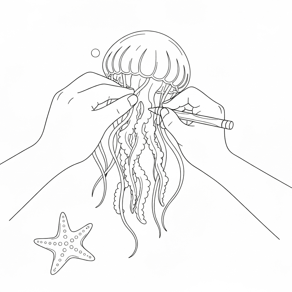 Close-up sketch of a child's hands carefully coloring inside the lines of a jellyfish drawing.