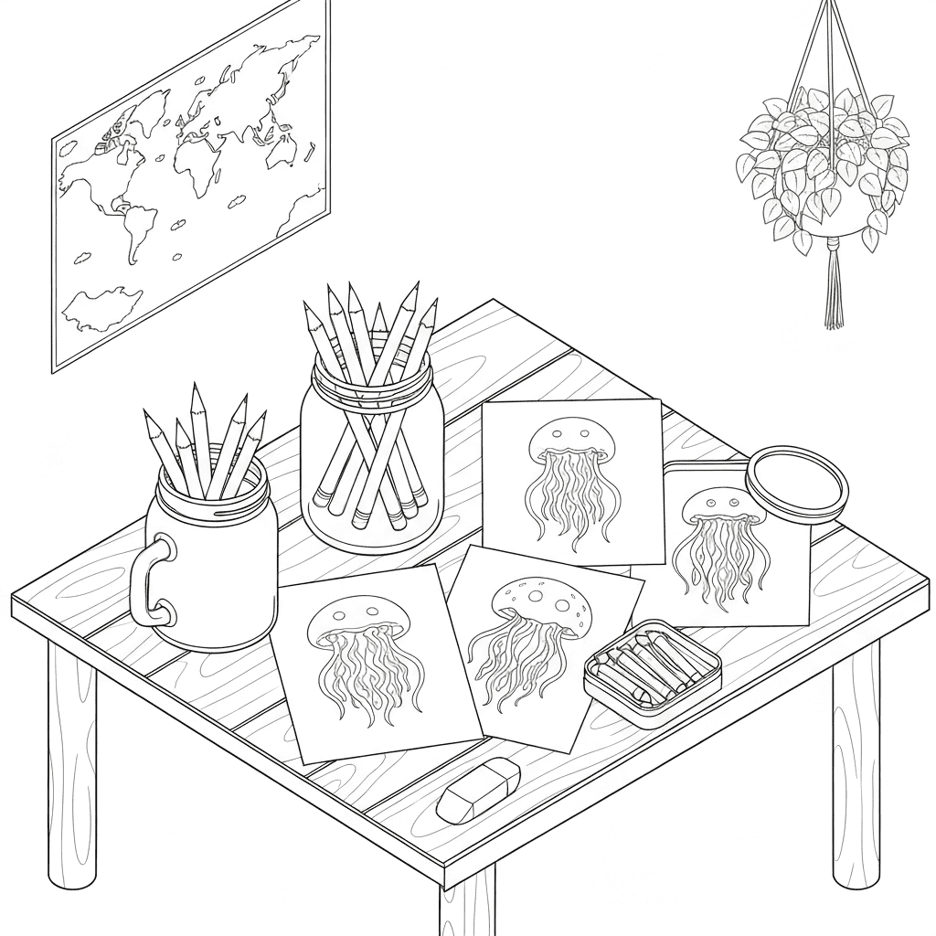 Top-view sketch of a cozy table with coloring pages, crayons, scissors, and a cup of pencils.
