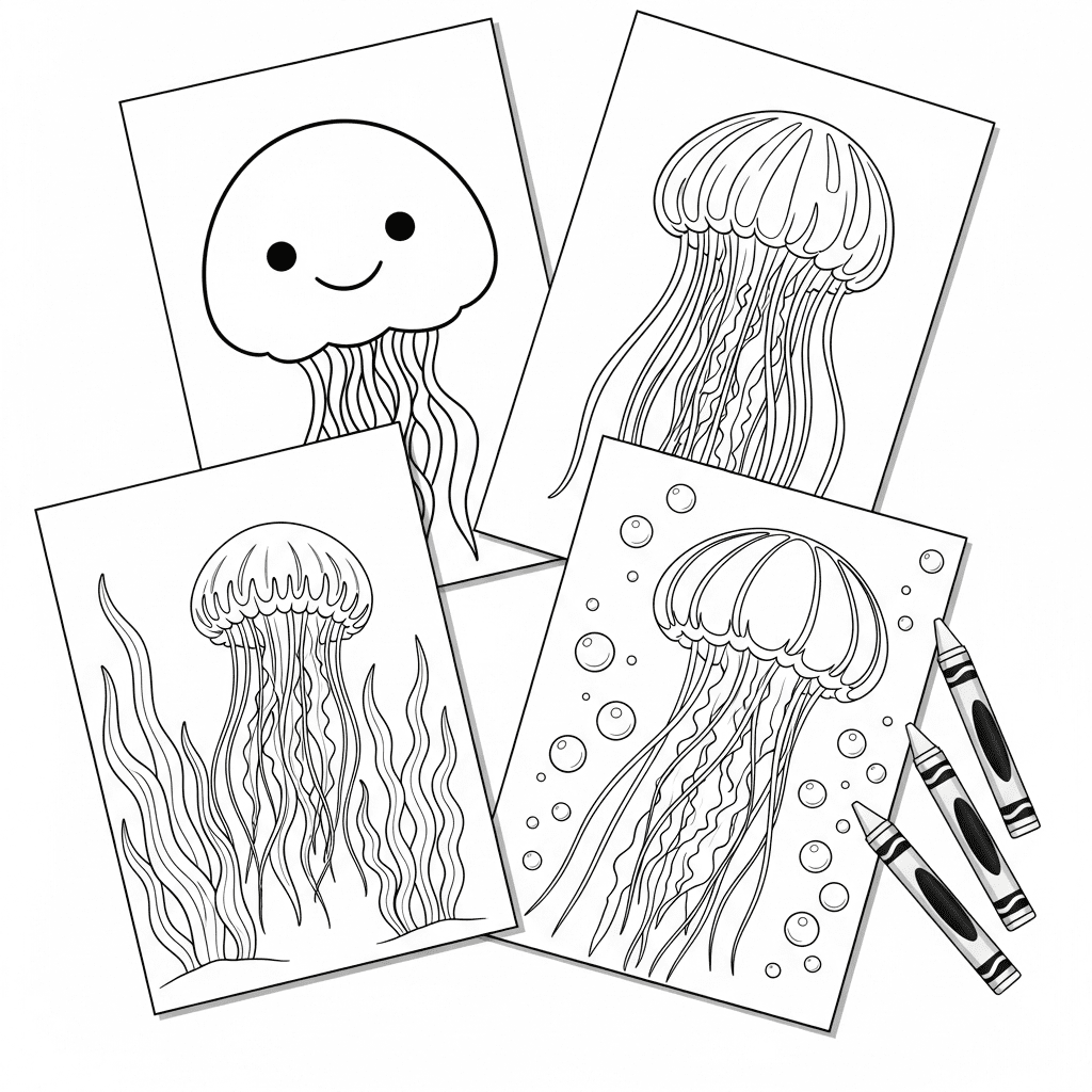 Black-and-white angled preview of four different jellyfish coloring pages with crayons on a table.