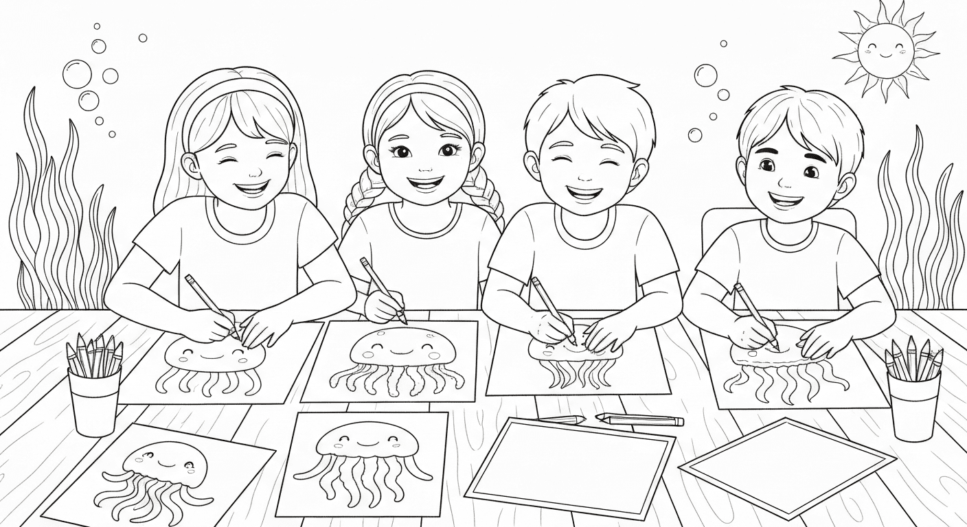 Black and white sketch of happy children coloring jellyfish pictures with crayons and pencils at a table.