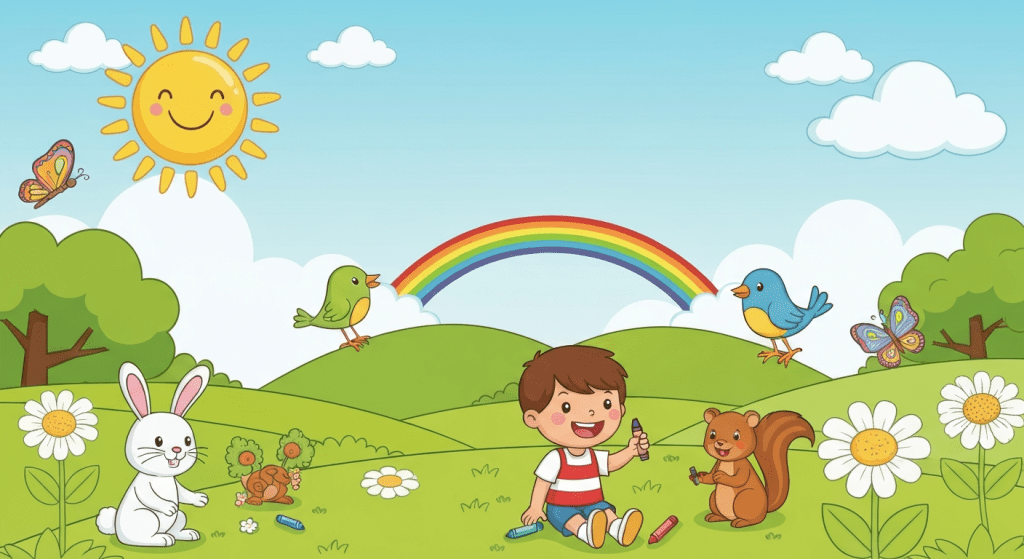 Illustrated cover for a children's nature coloring book. A happy child colors outdoors surrounded by a smiling sun, a rabbit, a bird, a squirrel, flowers, a rainbow, and butterflies on a bright day.