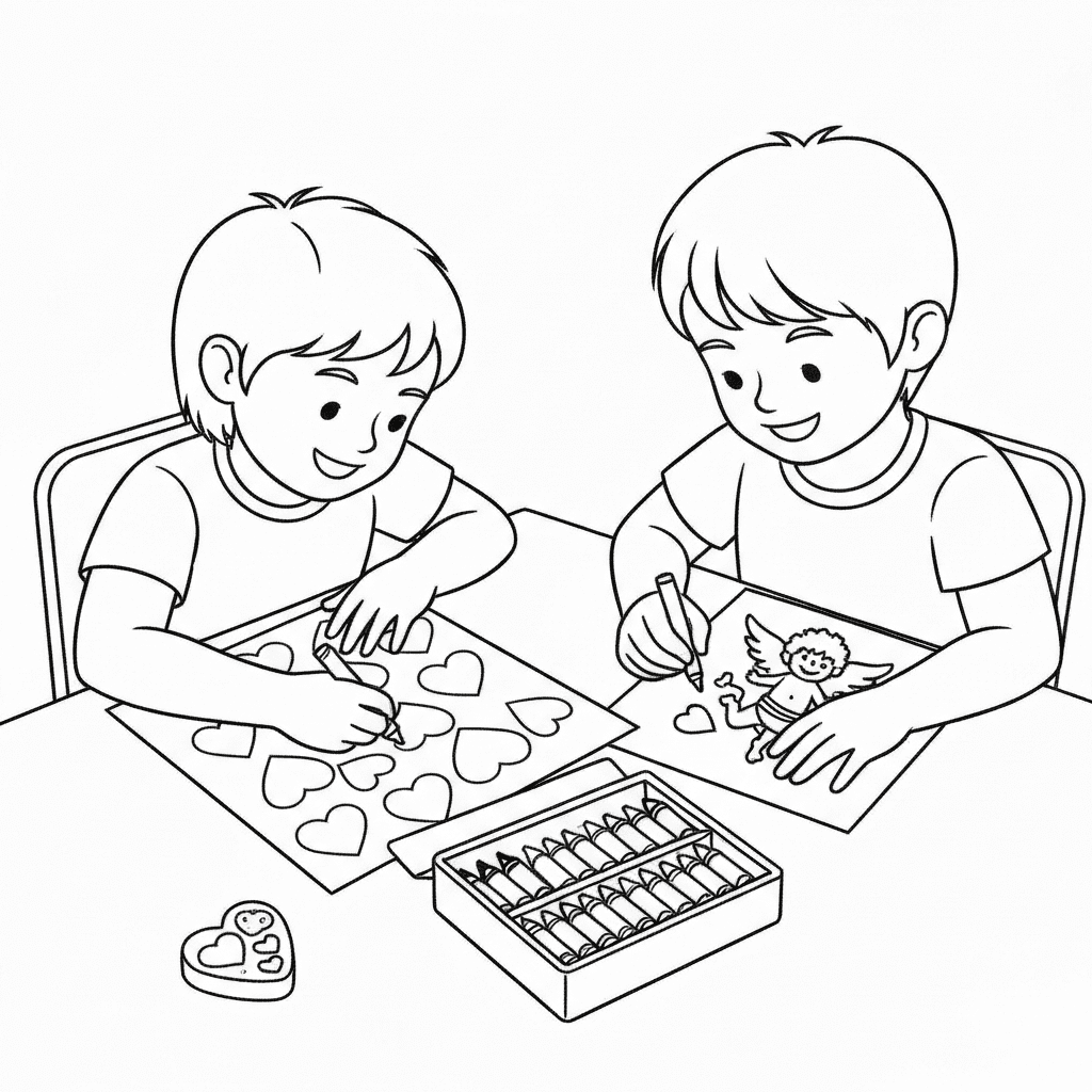 Simple line art of two kids coloring heart-themed pages together with crayons.