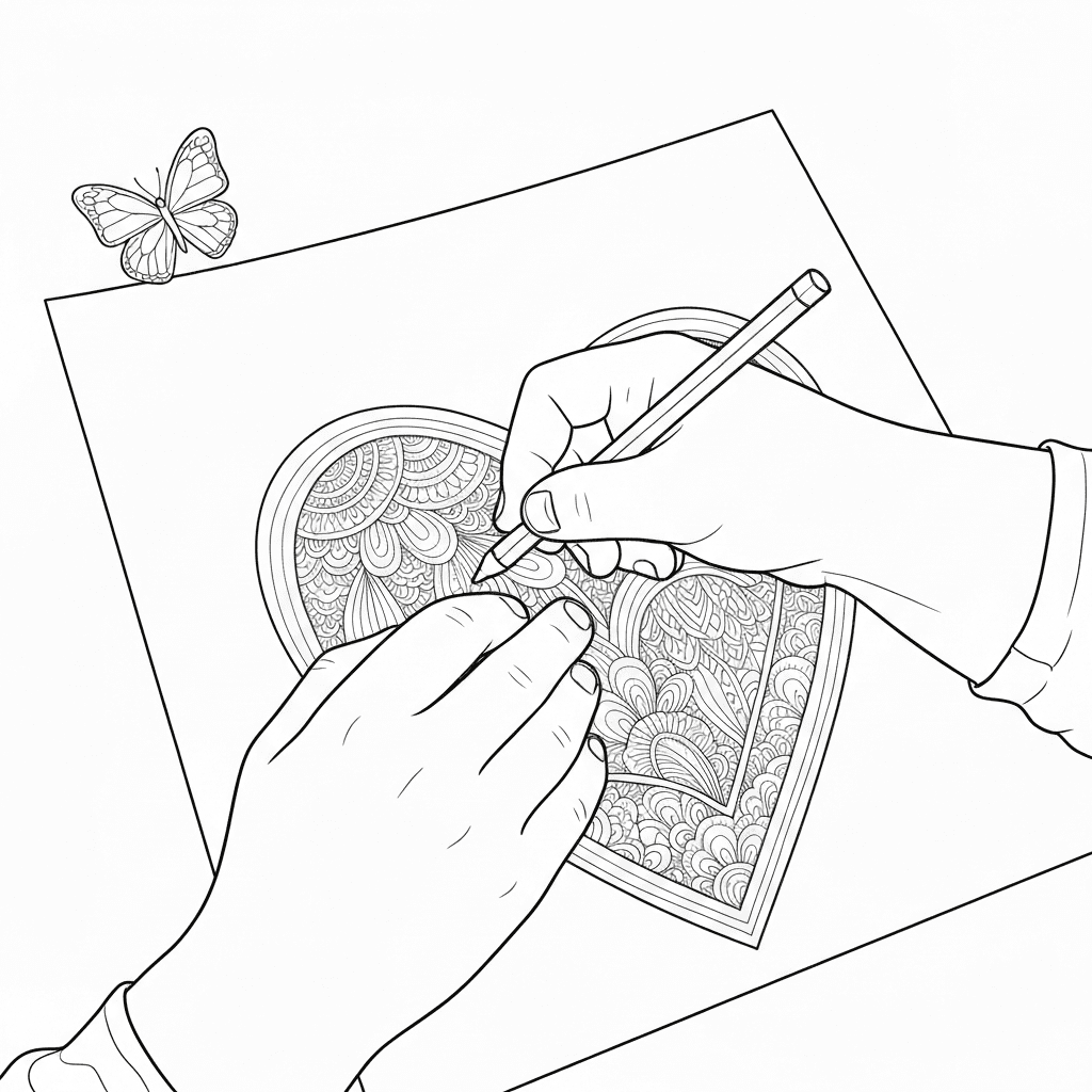 Close-up contour line drawing of a child's hands coloring a heart with a crayon, with a butterfly detail.