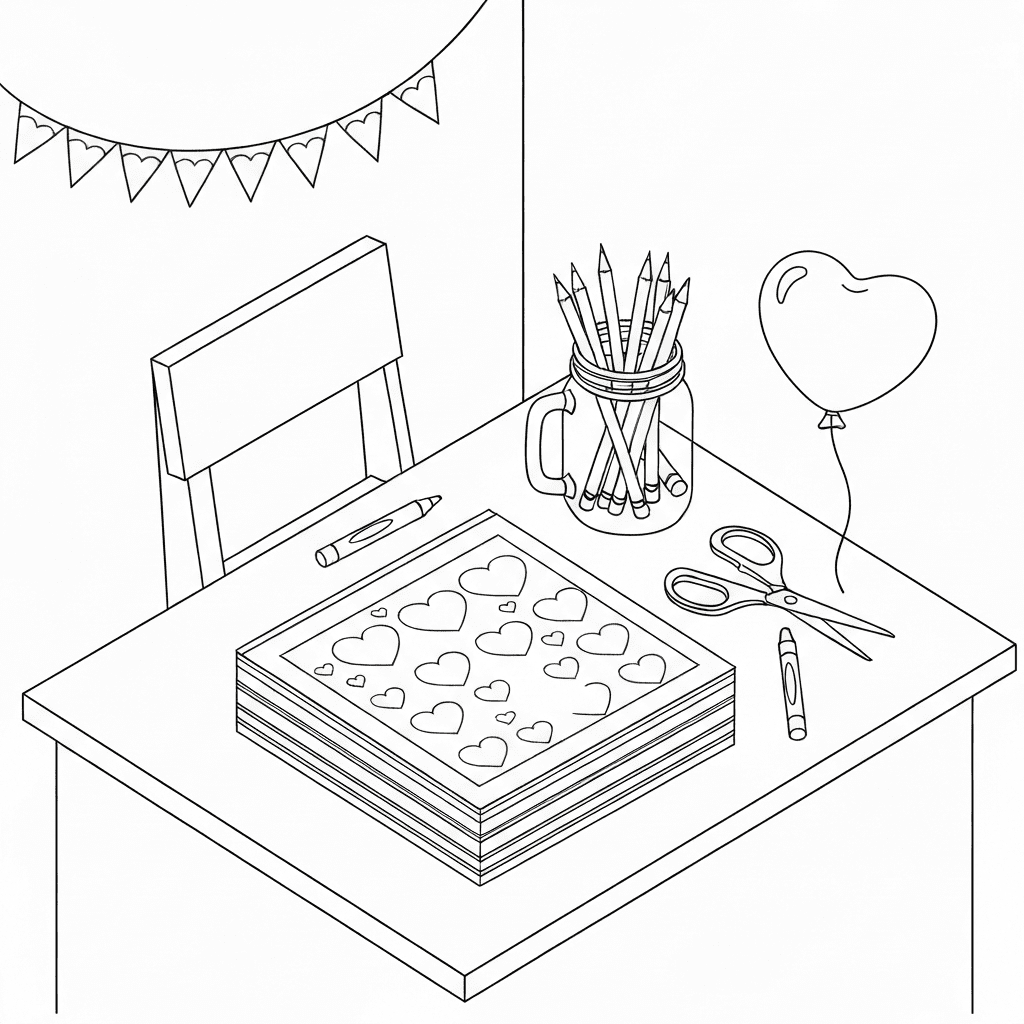 Minimalist isometric sketch of a craft table with Valentine's coloring pages, crayons, scissors, and glue.