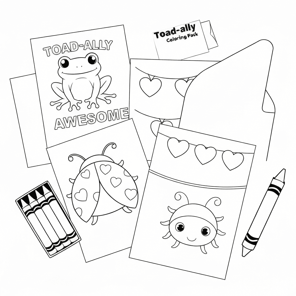 Top-down sketch of assorted Valentine's Day coloring pages and crayons laid out on a table.