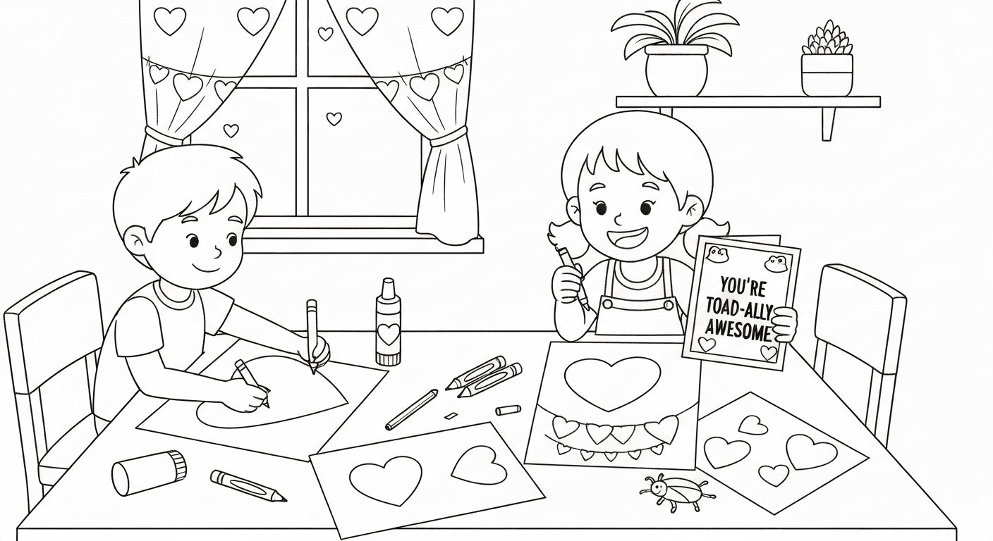 Line art sketch of children doing Valentine's Day crafts with hearts, crayons, and paper at a table.