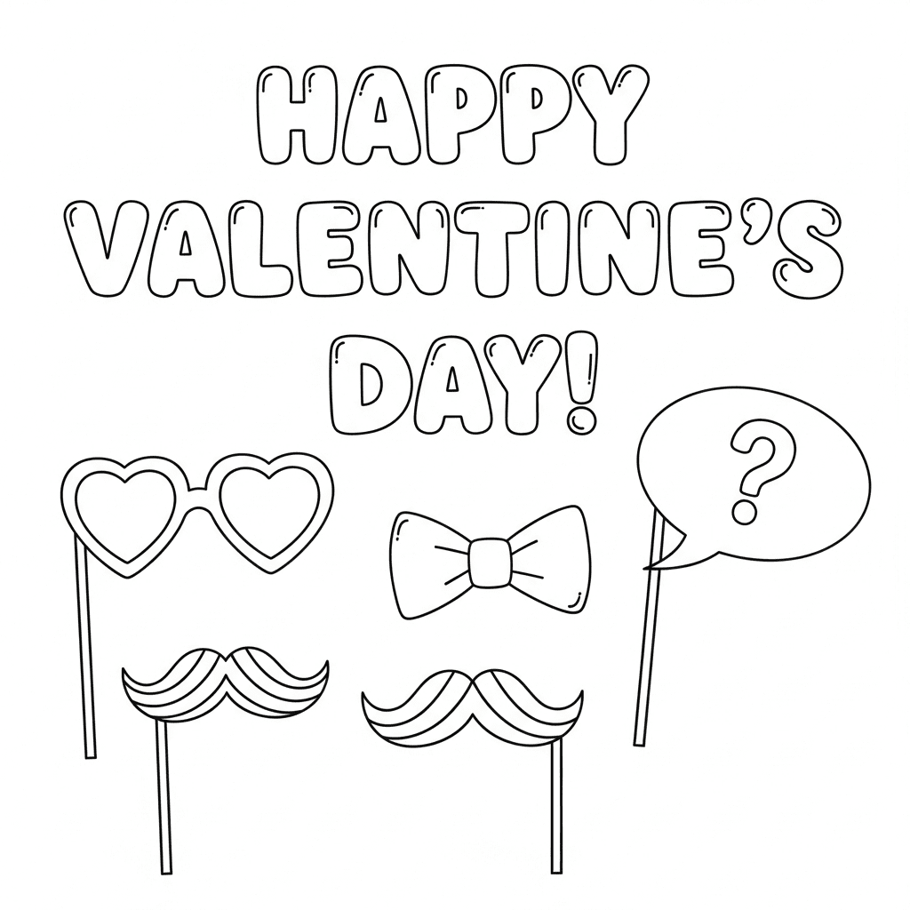 Happy Valentine's Day banner coloring page with fun props.