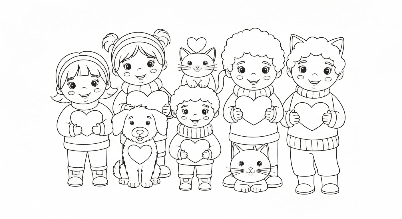 Black and white Valentine Day 2026 coloring page with kids, animals, and hearts for children