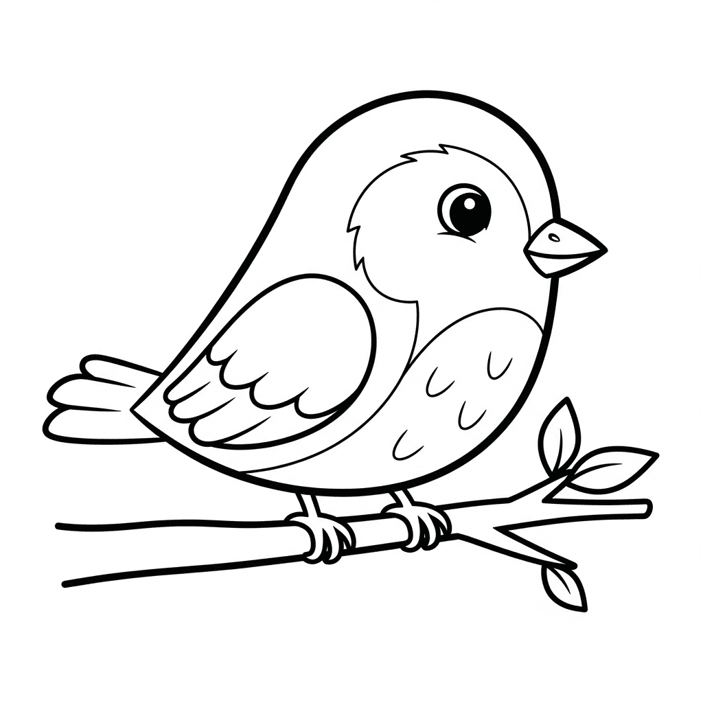 Cute bird outline sketch sitting on a branch for kids coloring book