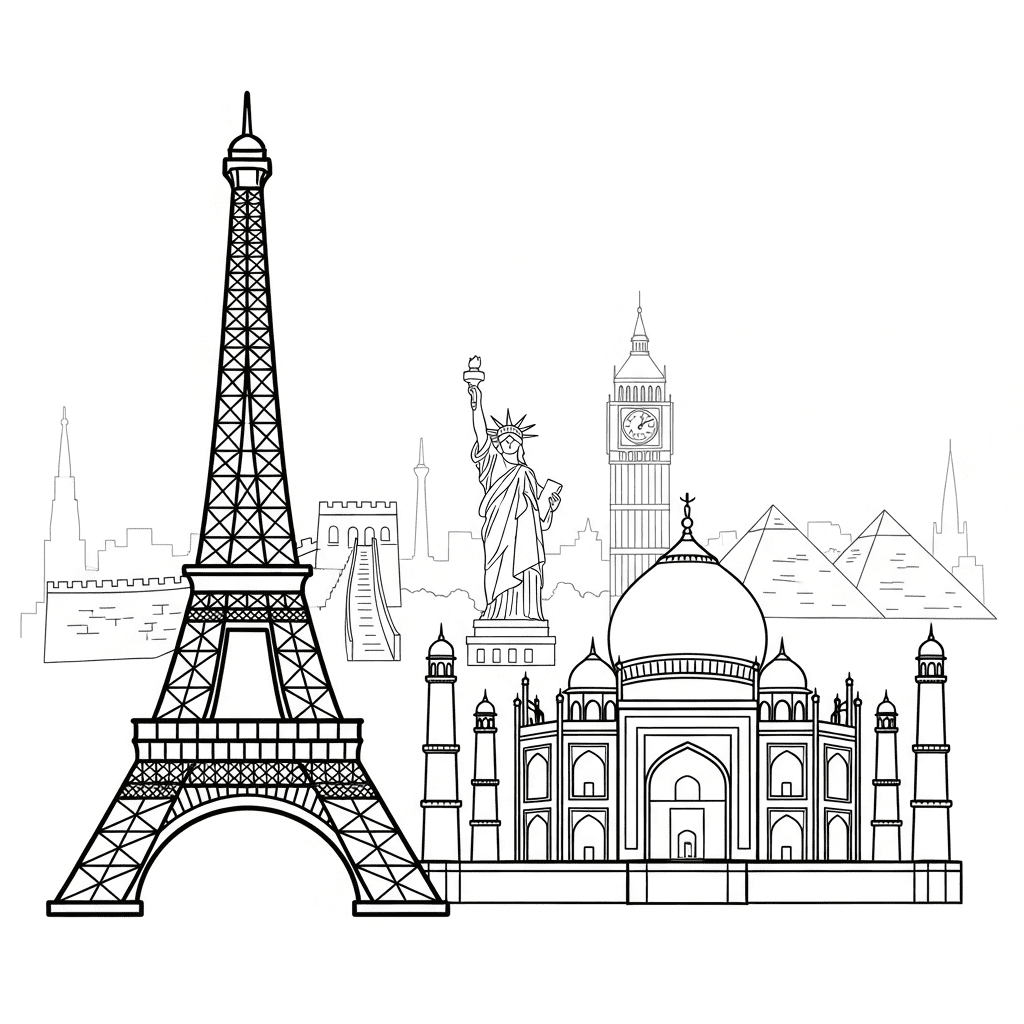 Outline sketch of famous landmarks like Eiffel Tower and Taj Mahal for kids