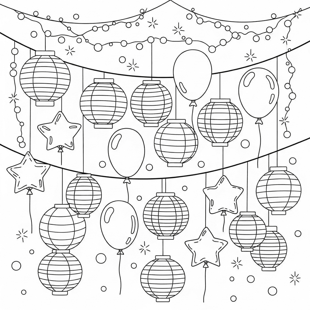 Festival decoration outline sketch with lanterns and lights for kids coloring