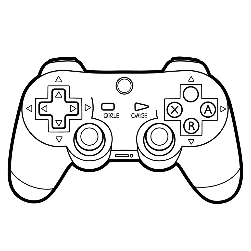 Black and white outline sketch of a gaming controller made for kids coloring activity

