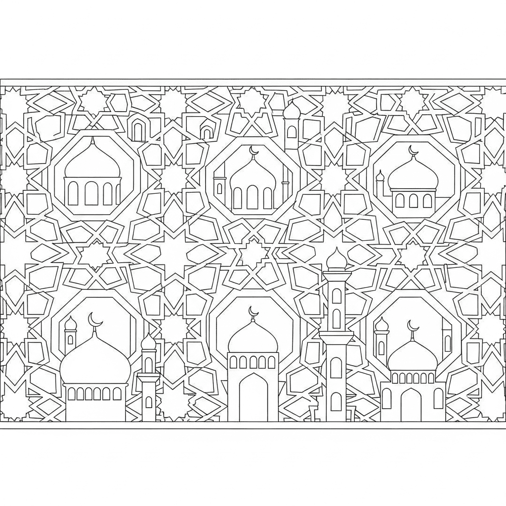 Islamic geometric pattern outline sketch designed for kids coloring