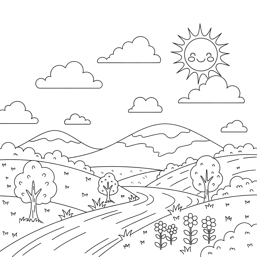 Relaxing nature outline sketch with sun and clouds for kids coloring book