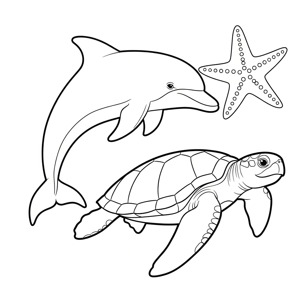 Sea animal outline sketches including dolphin and turtle for kids coloring
