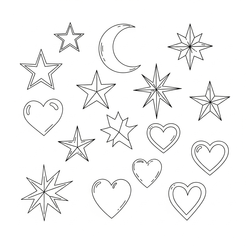 Tattoo style icons drawn as simple black outline sketches for kids coloring