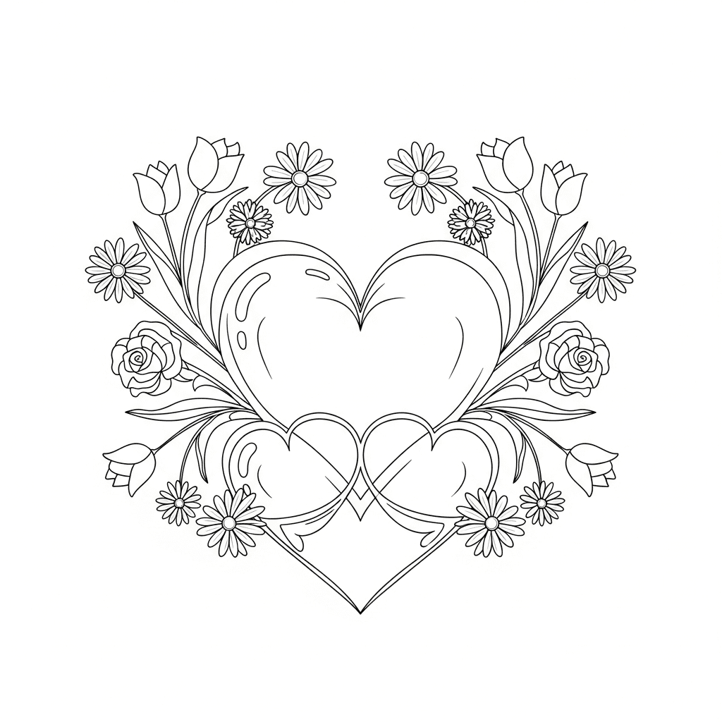 Simple heart and flower outline sketch for Valentine kids coloring page