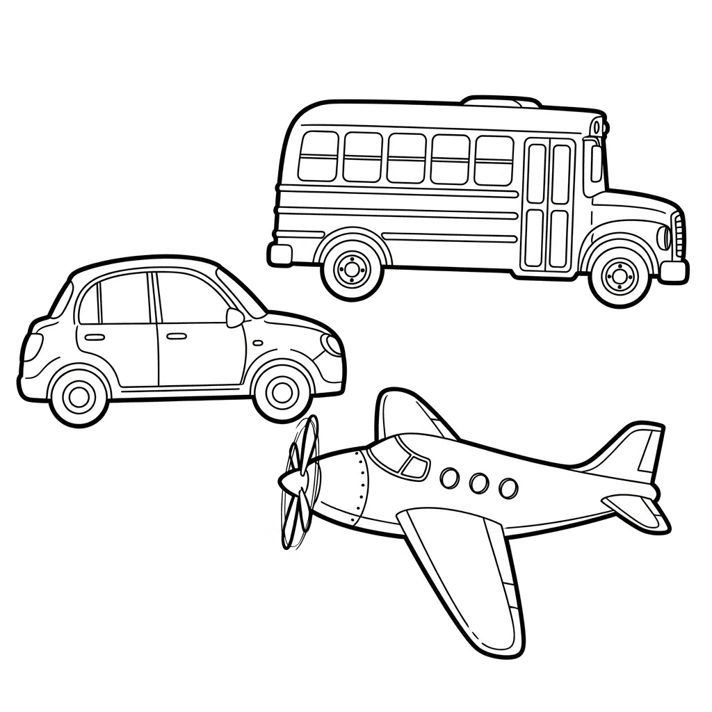 Vehicle outline sketches including car and airplane for kids coloring book